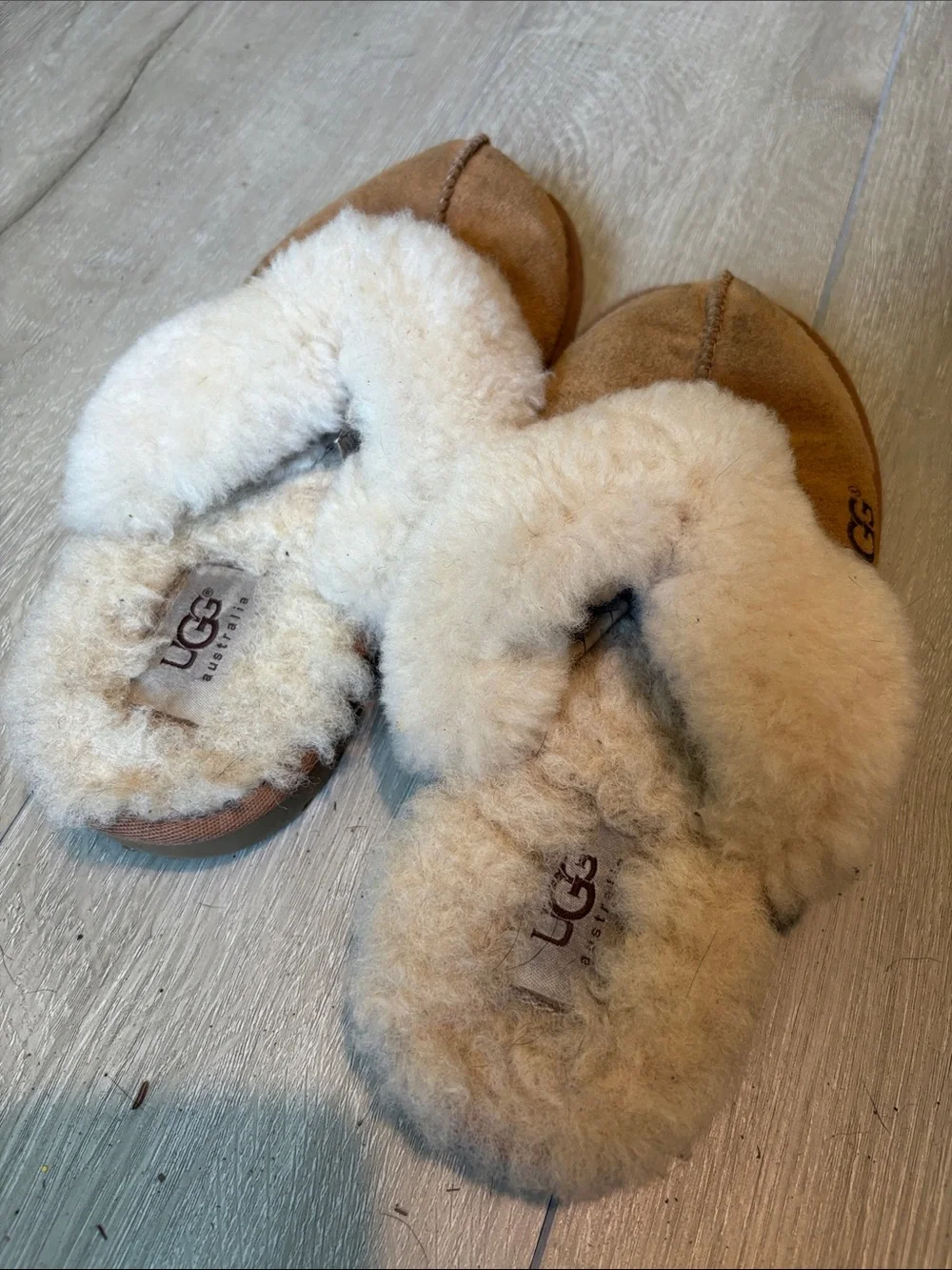 UGG Kids Chestnut Suede Shearling Slippers with Cream Fur Trim